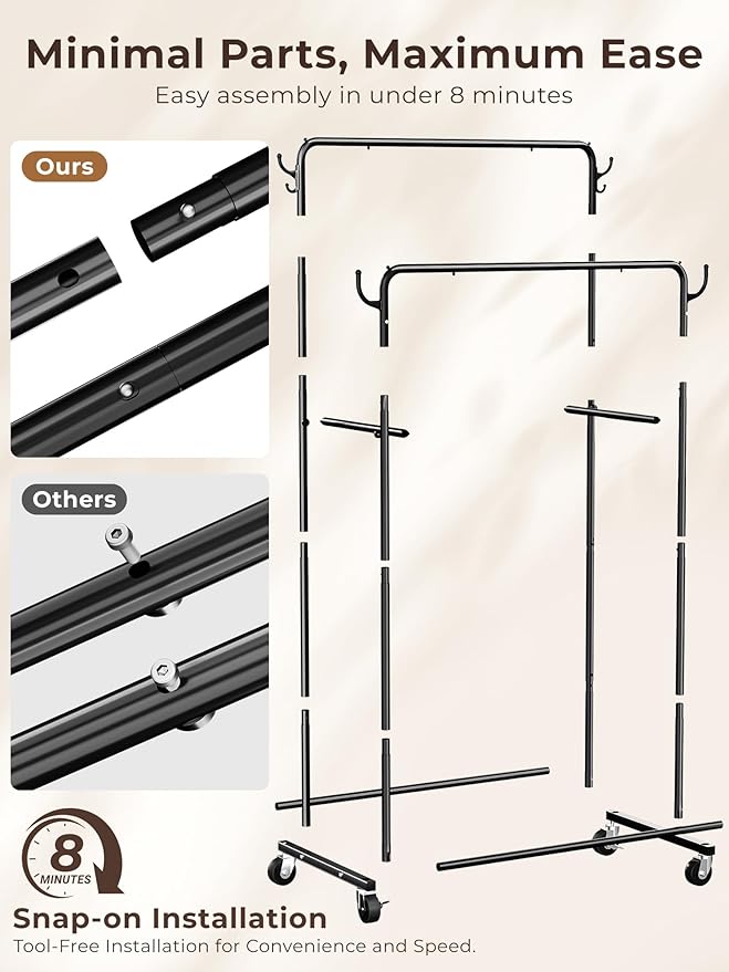 Clothes Rack, Rolling Clothing Rack with Double Rods for Hanging Clothes, Portable Garment Rack with Wheels, Metal Wardrobe Closet Organizer for Bedroom and Laundry Room