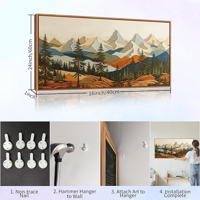 SIGNINART Vintage Mountains Framed Canvas Wall Art, Wooden Forest Wall Decor, Green Wood Pine Trees Wilderness Artwork, Natural Ridge Landscape Art Paintings for Living Room Bedroom Office 20"x40"