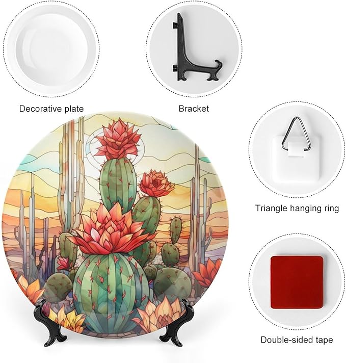 Decorative Plates for Wall Hanging, Cactus & Colorful Sky Stained Glass Design Ceramic Plate w/ Display Stand, Home Decor for Kitchen Cabinets, Farmhouse Round Tray 8 Inch, Gift for Cactus Lover