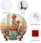 Decorative Plates for Wall Hanging, Cactus & Colorful Sky Stained Glass Design Ceramic Plate w/ Display Stand, Home Decor for Kitchen Cabinets, Farmhouse Round Tray 8 Inch, Gift for Cactus Lover