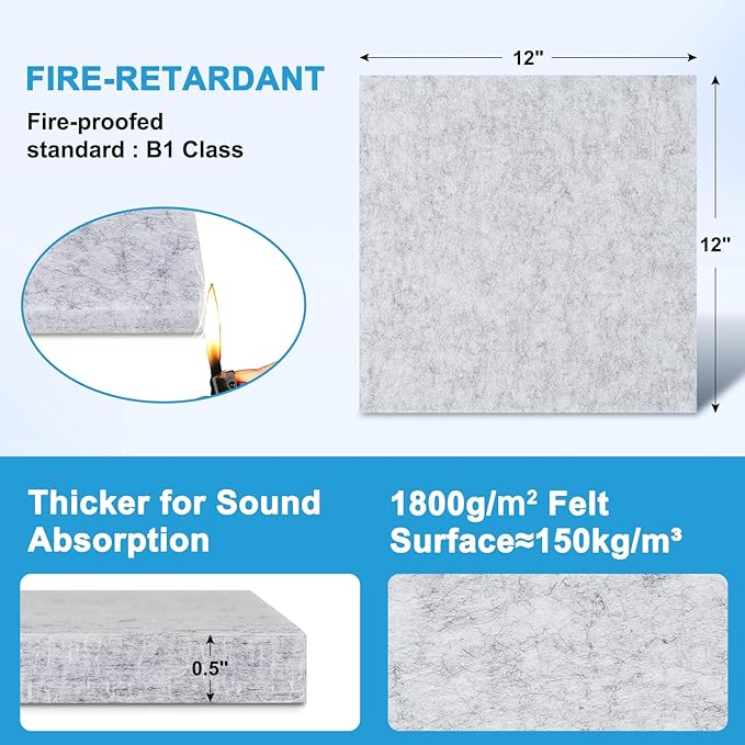 DOLLAR BOSS Felt Cork Board Tiles, 24 Packs 12" x 12" Thick Cork Bulletin Board Self Adhesive Acoustic Panels Soundproof Corkboards for Walls with Pushpins for Home Office Kitchen School, Light Grey