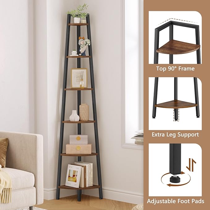 Hoctieon Corner Shelf, 6-Tier Corner Bookshelf, Rustic Ladder Shelf, Industrial Display Stand for Living Room, Kitchen, Home Office, Balcony, Small Space, Metal Frame, Rustic Brown