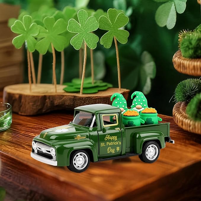 Hxezoc St Patricks Day Shamrock Truck Decor Green Vintage Metal Truck Spring Farmhouse Tabletop Mantle Decoration for Home Kitchen Office St Patricks Day Theme Party Supplies