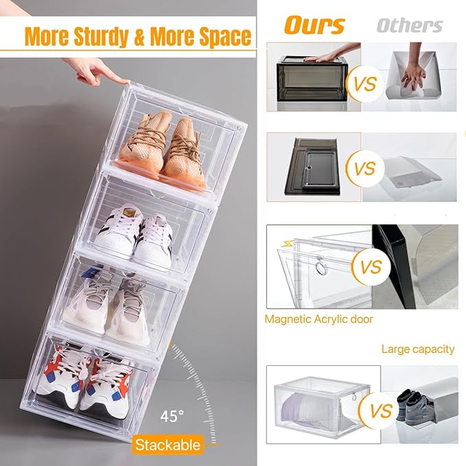 Attelite Shoe Box Organizer,Set of 6,Stackable Plastic Shoe Box with Clear Door, Shoe Storage Box Containers,For Display Sneakers,Easy Assembly,Fit up to US Size 12(13.4”x 10.6”x 7.4”)