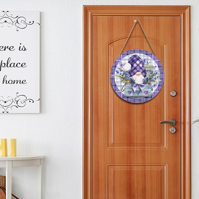 Spring Summer Gnome Lavender Flower Sign for Front Door 12"x12" Purple Floral Buffalo Plaid Wood Door Hanger for Outdoor Outside Porch Spring Summer Farmhouse Wooden Wreath for Wall Porch Yard