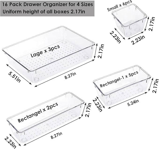 16 Pack Drawer Organizer Set, 4-Size Desk Drawer Organizer Fridge Storage Trays Containers Organization Food Storage Snack Organiser Storage Bins for Makeup Kitchen Utensils Gadgets Office