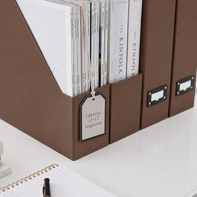 BLU MONACO | Cardboard Magazine File Holder Set of 6 | Vertical Magazine File Holder with Leather Label Slots | Standing File Holder and Cardboard Bins for Shelves Desk Office
