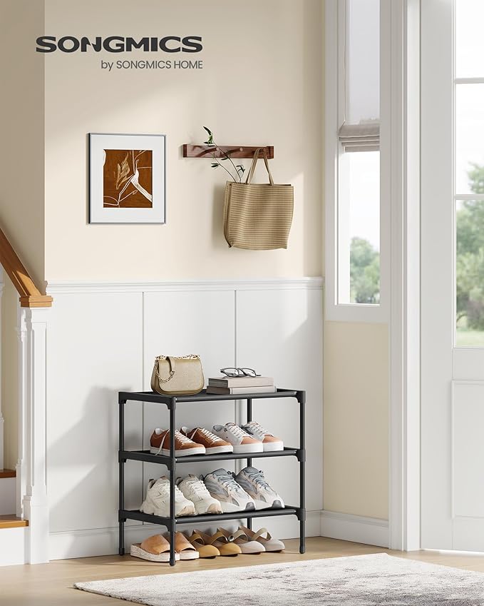 SONGMICS Shoe Rack, 3-Tier Shoe Storage Organizer, Space-Saving, 11.7 x 16.5 x 19.1 Inches, Entryway, Metal Frame, Non-Woven Fabric Shelves, Ink Black ULSH013BH01