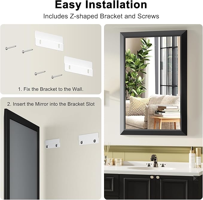 Black Bathroom Mirror for Over Sink, 24x36Inch Thick Anti-Rust Metal Frame, Rectangle Decorative Wall Mirror with HD Tempered Glass Horizontal or Vertical Mount for Vanity, Bedroom, Living Room