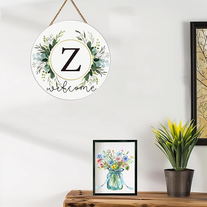 Monogram Letter Z Wreaths for Front Door Wreath Wooden Welcome Sign for Front Door Decor Floral Family Last Name Initial House Warming Spring Summer Porch Rustic Wall Home Kitchen Boho Decorations
