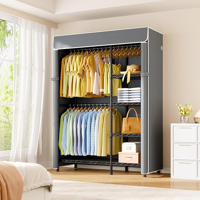 F2C Clothes Rack with Cover, Clothing Racks for Hanging Clothes, Heavy Duty Garment Rack with Shelves and Hanger Rods, Black Closet with Gray Cover, 47.2" W x 16.5" D x 78.3" H, Load 630lbs