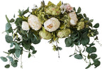 30 Inch Artificial Peony Flower Swag, Decorative Floral Swag with Fake Peonies Hydrangeas Eucalyptus Leaves Handmade Garland Wreath for Wedding Party Home Decor(White)