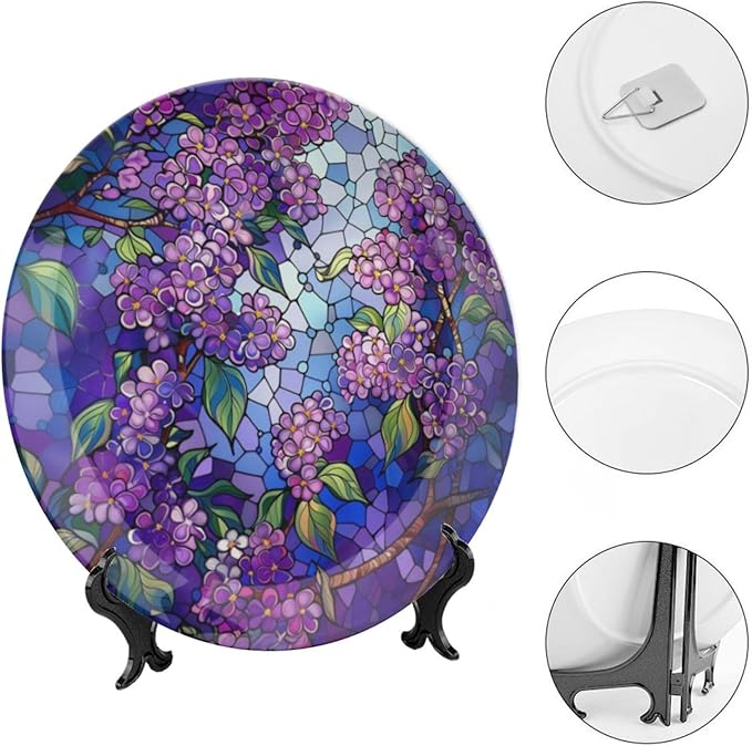 Stained Glass Theme Decorative Ceramic Plate Round Porcelain Plate,10 inch,Lilac Pattern,for Decorative Ornaments Giving Plates, 1 Plate with 1 Display Stand,Purple