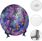 Stained Glass Theme Decorative Ceramic Plate Round Porcelain Plate,6 inch,Lilac Pattern,for Decorative Ornaments Giving Plates, 1 Plate with 1 Display Stand,Purple