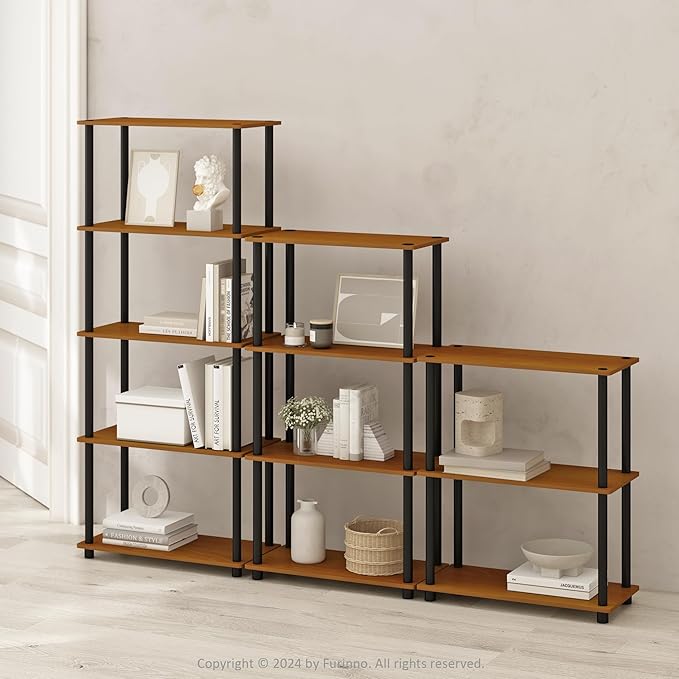 Furinno Turn-N-Tube Book Shelf, 4-Tier Bookshelf, Bookcase with Multipurpose Compact Display Rack, 11.6 x 23.6 x 43.2, for Living Room, Bedroom, Home Office, Light Cherry/Black