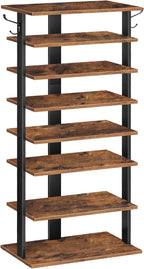 HOOBRO 8 Tiers Vertical Shoe Rack, Wooden Shoe Storage Organizer with Hooks, Narrow Shoe Tower for 16 Pairs, Space Saving, for Entryway, Living Room, Bedroom, Rustic Brown BF750XJ01