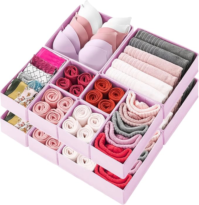 Drawer Organizer Clothes 12 Pack Clothes Organizer Dresser Drawer Organizers for Socks Underwears Bras Foldable Closet Organizers and Storage Fabric Storage Dividers for Nursery Bedroom, Pink