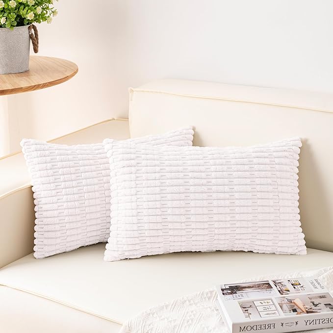 Aegero Pack of 2 Corduroy Decorative Throw Pillow Covers 12x24 Inch Soft Striped Pillow Covers Modern Farmhouse Home Decor for Sofa Living Room Couch Bed（White）