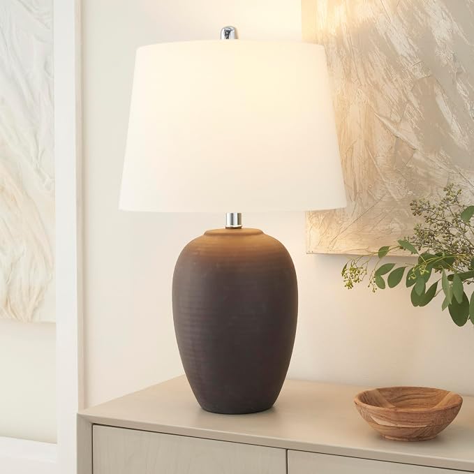 Nourison Home 23" Dark Purple Distressed Ceramic Pot Table Lamp for Bedroom, Living Room, Dining, Office, with White Shade