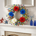 VioletEverGarden 22 Inch 4th of July Wreaths for Front Door Artificial Patriotic Wreath Red White and Blue Wreath with Dahlia for Independence Day Memorial Day Flag Day Decor