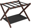 HOOBRO Luggage Rack, Bamboo Suitcase Stand, Folding Luggage Holder, with Nylon Straps and Oxford Fabric Shelf, for Guest Room, Hotel, Bedroom, Brown and Black BR17XL01G1