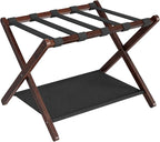 HOOBRO Luggage Rack, Bamboo Suitcase Stand, Folding Luggage Holder, with Nylon Straps and Oxford Fabric Shelf, for Guest Room, Hotel, Bedroom, Brown and Black BR17XL01G1