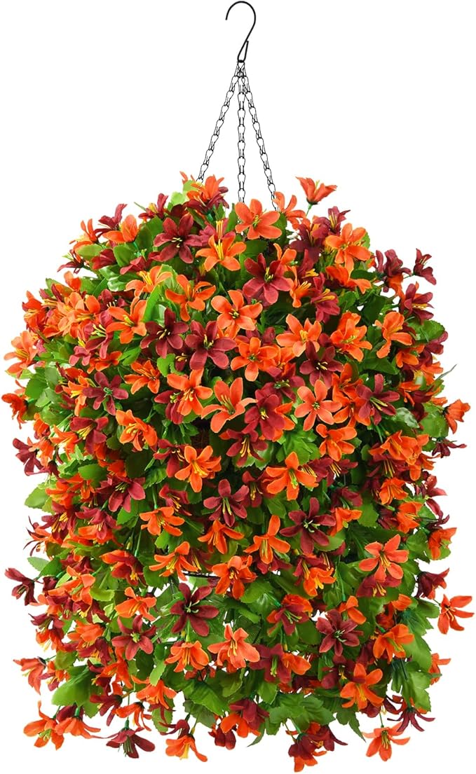 INQCMY Artificial Hanging Flowers Decoration, 4pcs Fake Floral Basket Plants for Outdoor Porch, Faux Shrubs Home Spring Decor UV Resistant Potted Violets for Outside Garden No Fade