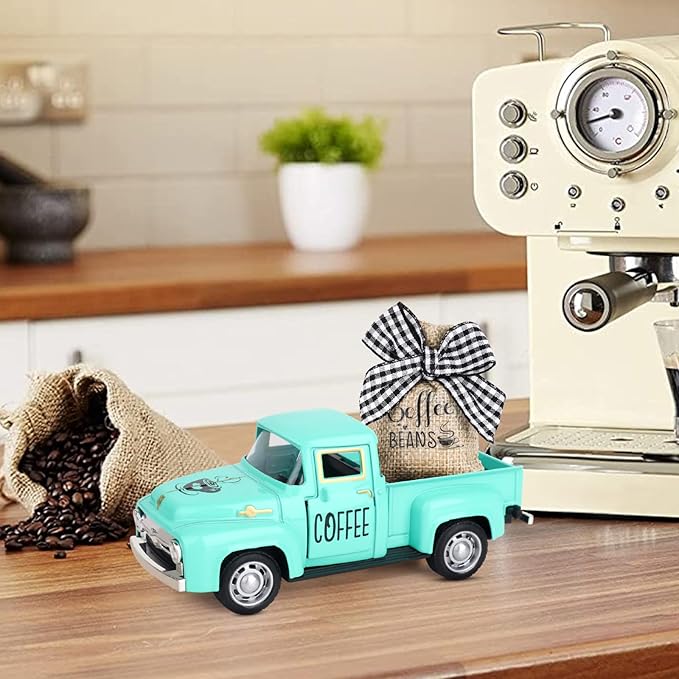 Hxezoc Coffee Decor for Coffee Bar Metal Truck with Coffee Beans Burlap Sack Vintage Pickup Mini Diecast Truck for Farmhouse Coffee Station Home Coffees Bar Tabletop Decorations (Blue)