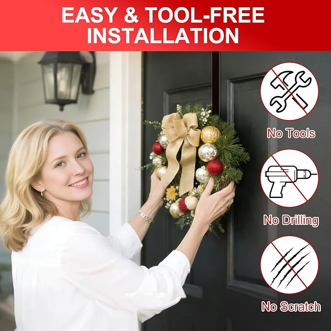 2-Pack Wreath Hooks for Front Door, 12.5-20" Extendable Heavy Duty Metal Over The Door Hooks (22 lbs) for Spring Decor & Coats, Slim Damage-Free Hanger for Tall & Screen Doors, Brushed Nickel