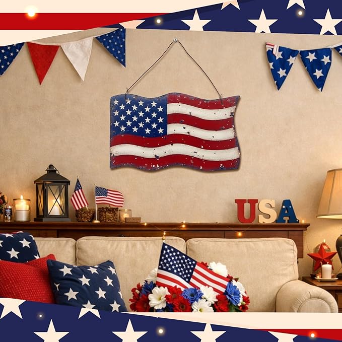MorningRo Metal Patriotic American Flag Wreath for Front Door Vintage Red White Blue American Flag 4th of July Wall Art Sign Rustic 250 Anniversary Independence Day Hanging Plaque for Porch Outdoor