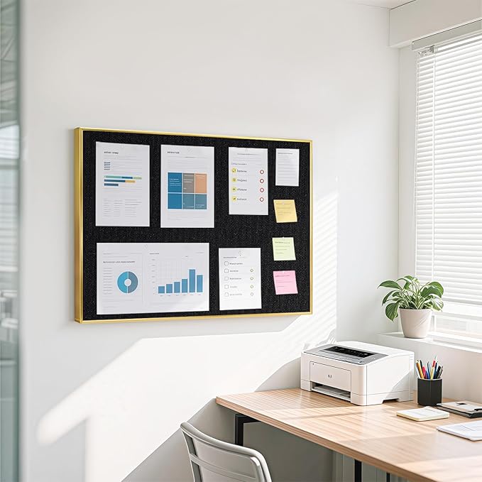 Linen Bulletin Board 36" x 24", Black Fabric Pin Board with Gold Aluminum Frame, Decorative Vision Board for Home Office, Bedroom & Dorm Wall Decor, Includes 10 Push Pins