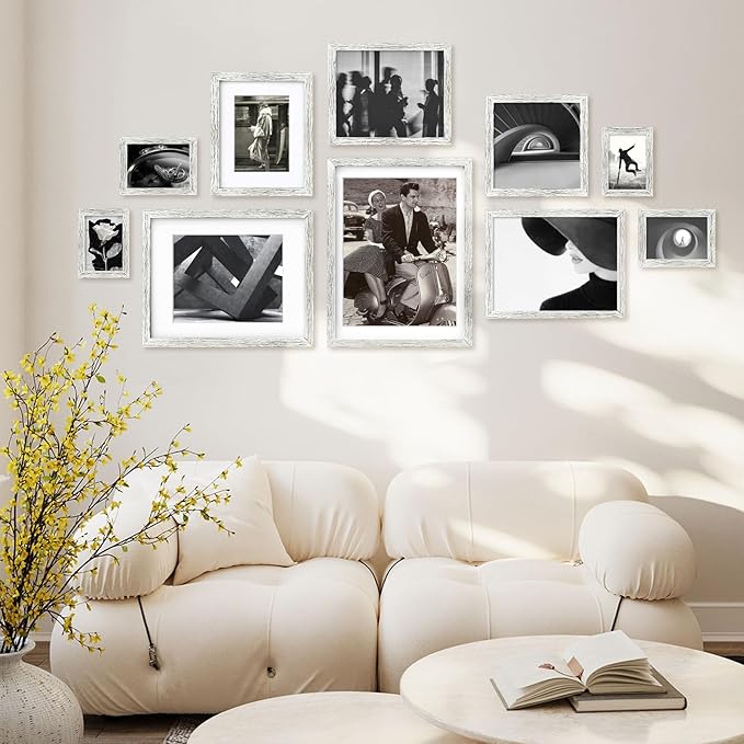 Egofine 9x12 Picture Frames Set of 4, Made of Solid Wood Covered by Plexiglass 5x7 and 6x8 with Mat or 9x12 without Mat, for Table Top Display and Wall Mounting Photo Frame Driftwood White
