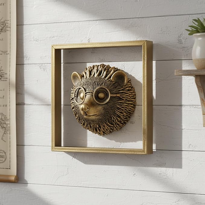 JJALIGHTS Exquisite Resin Animal Head Wall Sculpture (Gift Metal Frame) - Hedgie Imitation Copper Vintage Decor for Living Room, Bedroom & Office | Decorative Wall Hanging Art (Hedgehog)