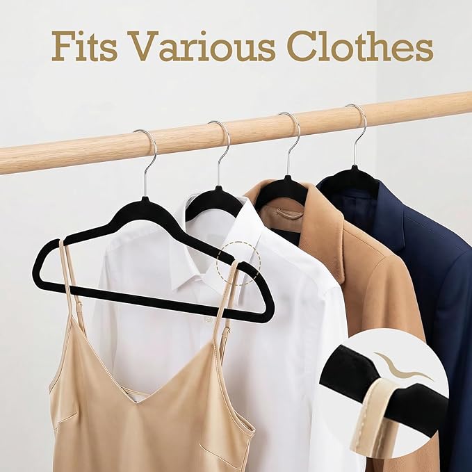 HOUSE DAY Black Velvet Hangers 120 Pack, Premium Clothes Non-Slip Felt Hangers, Sturdy Black Heavy Duty Coat Hanger, Durable Space Saving Suit Hanger, 360° Rotating Silver Hook
