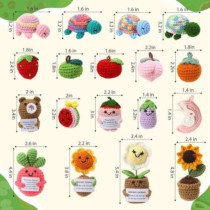 VioraWhite 18 Pcs Christmas Positive Fruit Crochet Animal Dolls with Cheer Cards Stocking Fillers Emotional Crochet Potato Support Handmade Knitted Toy Bulk for Employee Appreciation Gifts