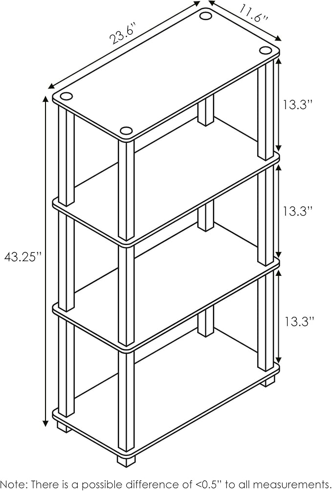 Furinno TURN-S-TUBE Storage Shelves, 4-Tier Book Shelf, Corner Shelf, Toolless Open Shelves, for Organization and Storage, Living Room, Garage, Home Office, French Oak
