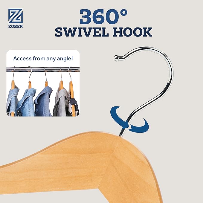 ZOBER High-Grade Wooden Hangers - Heavy Duty, Non Slip Wood Hangers for Coats, Jackets, Suits, & Pants - Clothes Hangers for Closet W/Bar and Notches 20 Pack