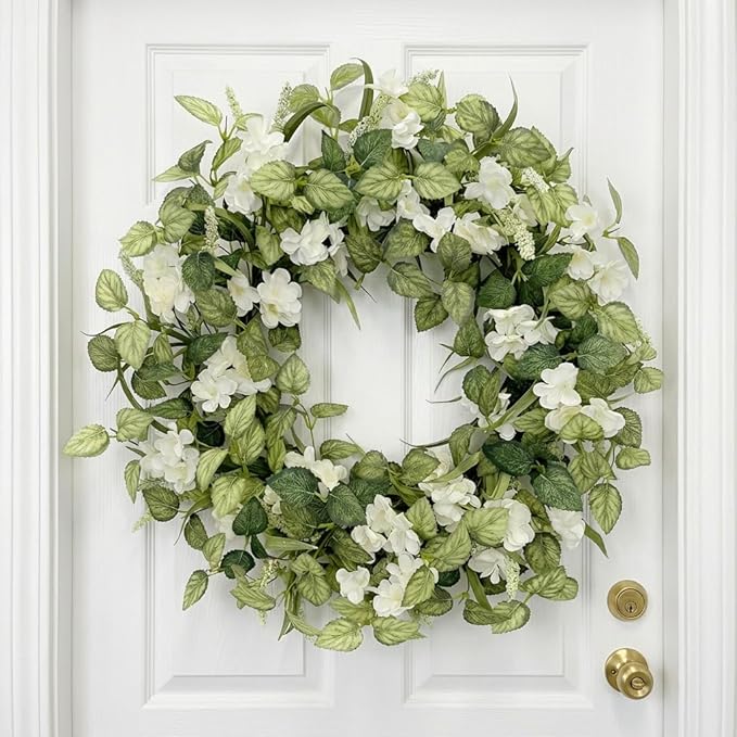Jobflower 24 Inch Spring Wreaths for Front Door, All Seasons Summer Wreath with Fade-Resistant Greenery, Large Farmhouse Artificial Green Wreath for Outdoor Porch Wall Window Decor, Green