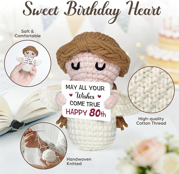 80th Birthday Gifts for Women Men, 1946 80th Birthday Decorations, Happy 80 Year Old Gifts for Family Friends - Handmade Positive Angel Crochet Doll