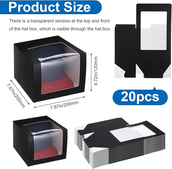 20pcs Hat Boxes for Men Black Hat Gift Box with Window Display Box for Hats Storage Containter,Paper Hats Display Case Fold Box Packing Box for Baseball Caps,Dad Caps,Billed Cap(7.87" x 7.87" x 4.72")