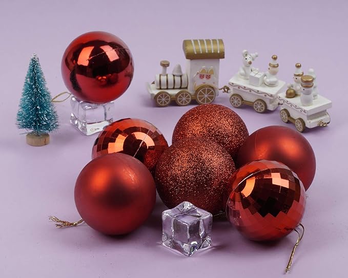 Emopeak 24Pcs Christmas Balls Ornaments for Xmas Christmas Tree - 4 Style Shatterproof Christmas Tree Decorations Hanging Ball for Holiday Wedding Party Decoration (Red, 1.6"/4.2CM)