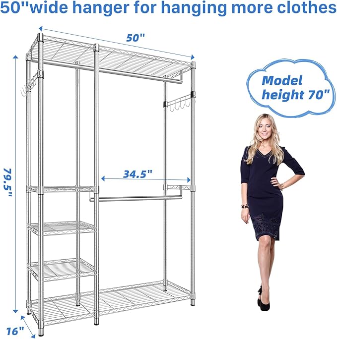 Simple Trending Heavy Duty Clothing Rack Loads 450 LBS, Garment Racks with Adjustable Shelves for Hanging Clothes, Metal Wardrobe Closet, Chrome