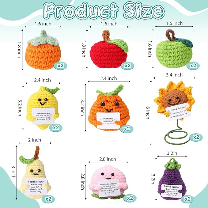 VioraWhite 18 Pcs Positive Fruit Sunflower Emotional Crochet Dolls Bulk Support Encouragement Emotional Knitted Crochet Gifts with Positive Words for Friends Coworker Decorations for Home Office