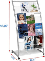 LIWSHWZ Magazine Rack Floor Standing,Brochure Display Stand, 4 Pockets Metal Literature Stand,Newspaper Rack with Wheels for Trade Show Exhibitions Office Retail Store