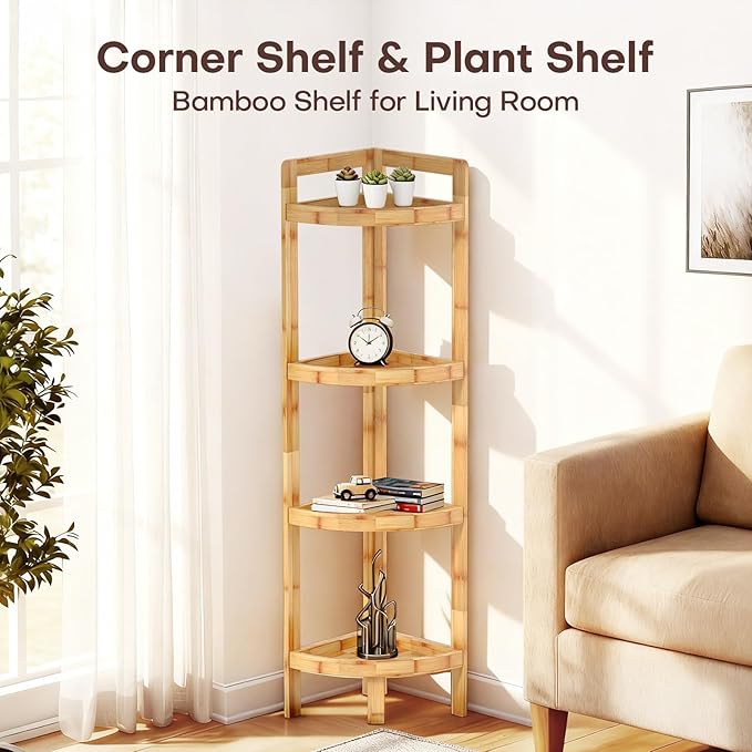 2026 New Bamboo Standing Shelf, 4 Tier Corner Shelf Stand, Free-Standing Shelf Units, Triangular Curved Corner Shelf Stand for Space-Saving Display Ideal for Bathroom/Kitchen/Living Room Storage