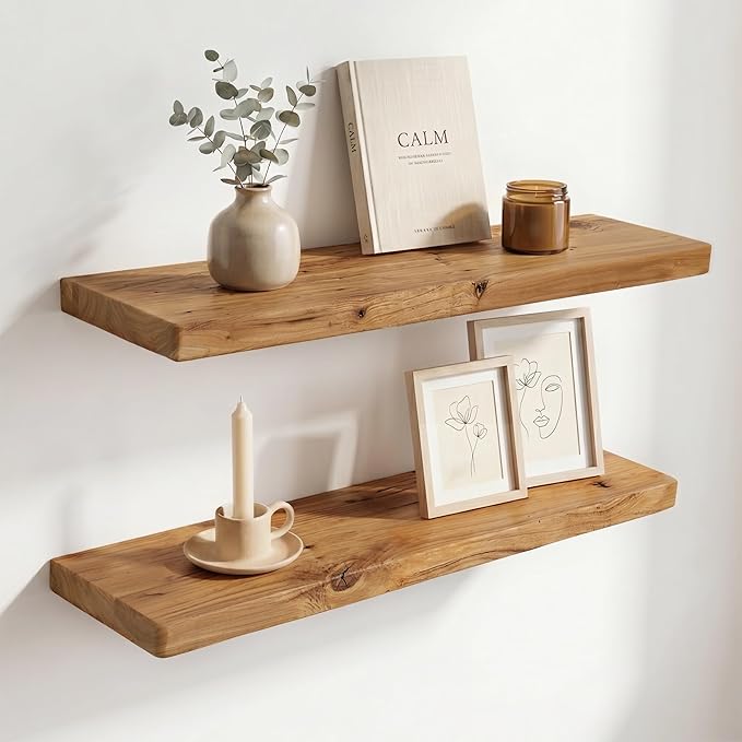 Floating Shelves 30" W x 8" D, Solid Elm Wood Shelves for Wall, 8 Inch Deep - Rustic Wooden Bathroom Shelves 30" Long, for Living Room, Kitchen, Office, Entryway, Set of 2, Heavy-Duty Bookshelf