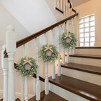 8 PCS Christmas Wreath Christmas Kitchen Cabinet Wreaths with Burlap Ribbon Mini Wreath Pine Garland Frosted Cedar Pine Cone Hanging Garlands Candle Rings for Front Door Window Chair Wall