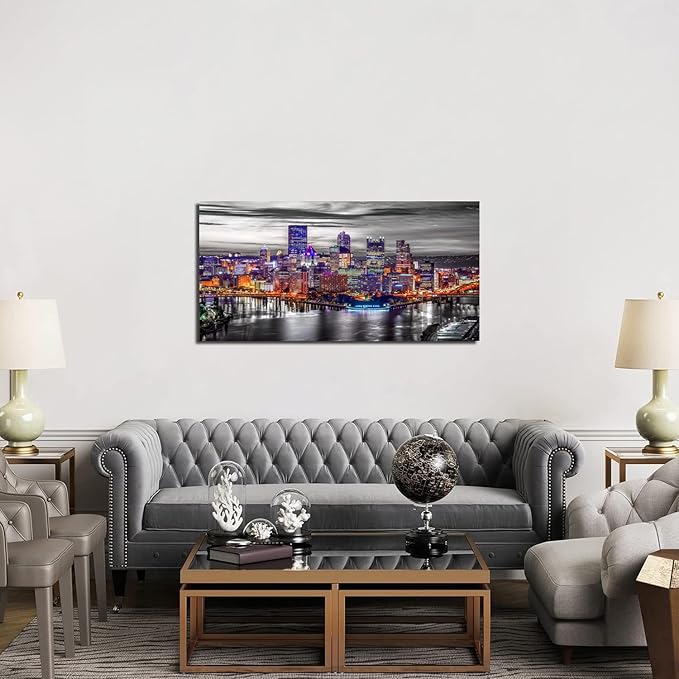 Large Pittsburgh Wall Art Black and White City Skyline Wall Decor for Living Room Office Decor Pennsylvania Night Cityscape Canvas Prints Modern Skyscraper Panoramic for Bedroom Home Decoration 24x48"