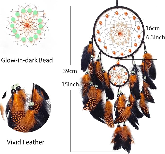 Orange and Black Dream Catcher Wall Decor Feather Dream Catchers with Luminous Bead Handmade Dreamcatcher Wall Hanging Ornament for Bedroom Living Room Home Decor