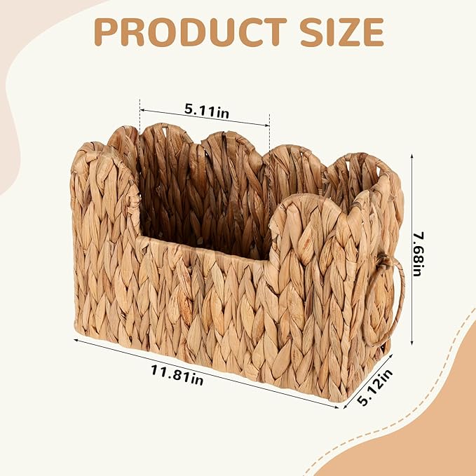Scalloped Hand Woven Magazine Holder Natural Water Hyacinth Magazine Basket for Newspapers Books Files Decorative Boho Farmhouse Book Basket for Bathroom Living Room Home Office